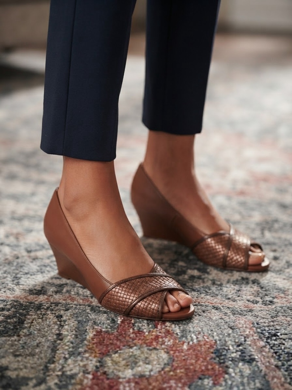 Cole Haan Brown Woven Leather Peep-Toe Wedges
